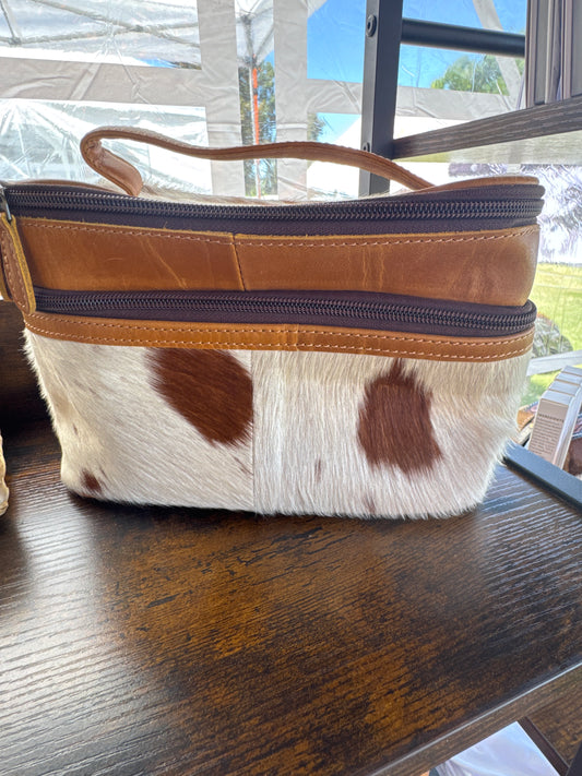 Cowhide double zip Makeup bag